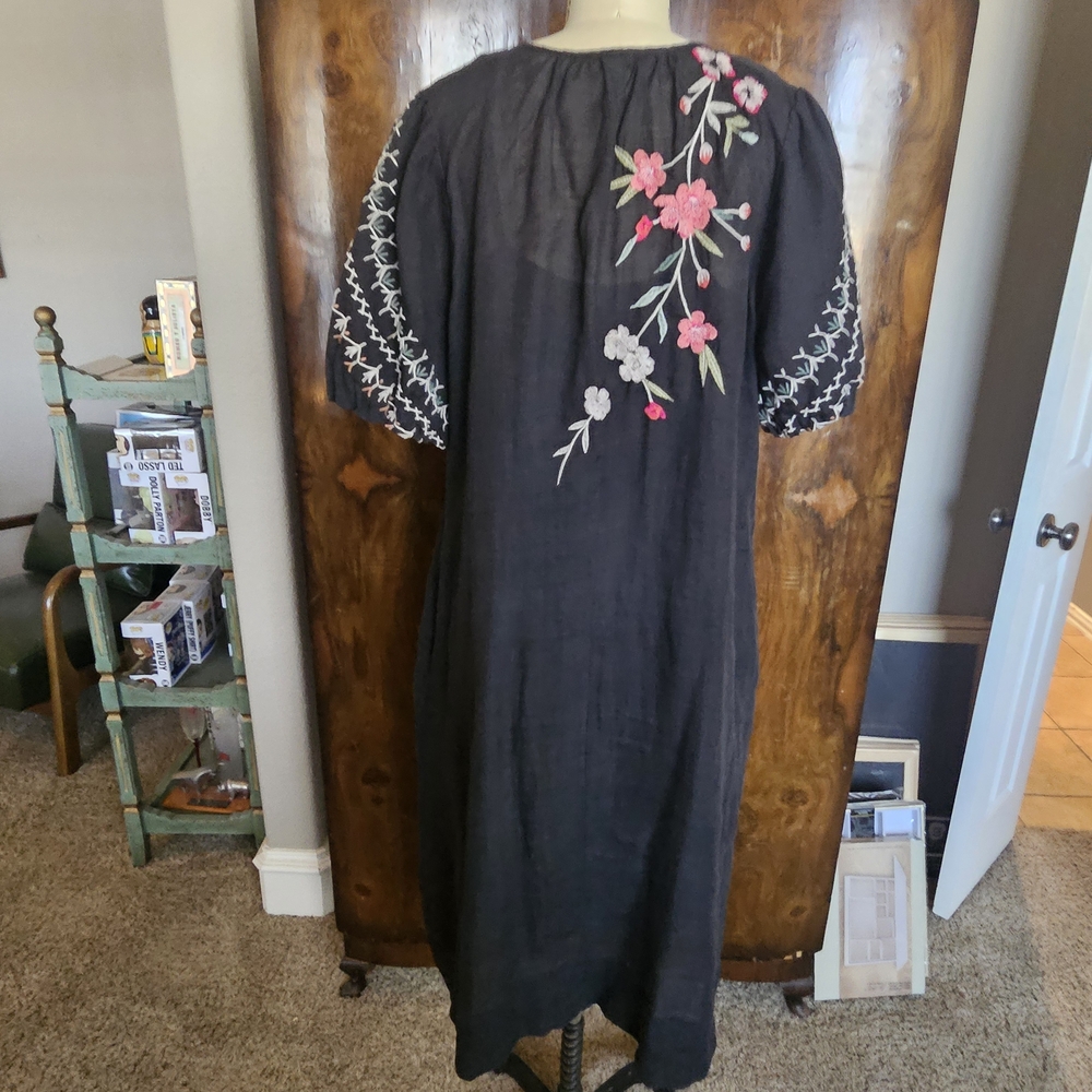 Johnny Was Black Midi Dress with Pink and White Floral Embroidery - Picture 3 of 10